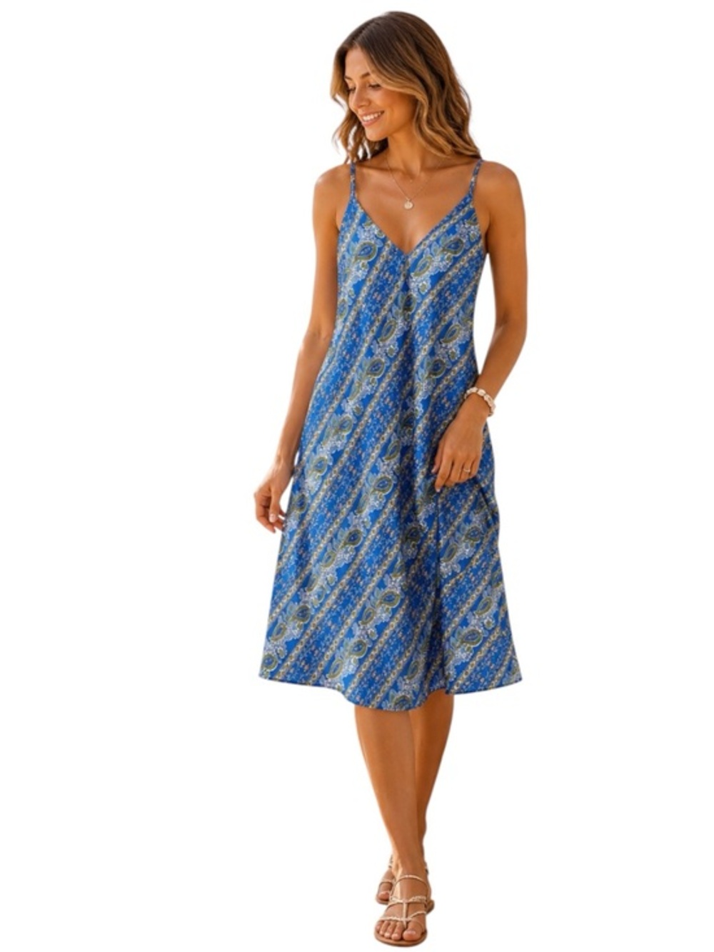 Gold Hawk Midi Slip Dress Blue Paisley Satin Mediterranean Boho Coastal Summer